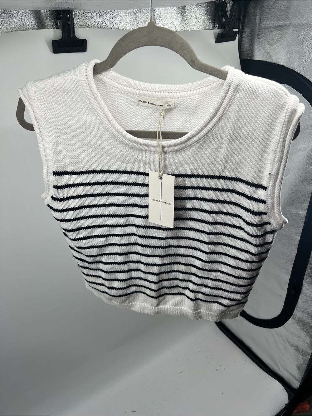 moon & madison White and Black Striped Knit Tank